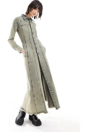 Basic Pleasure Mode Fitted stone wash denim maxi shirt dress in