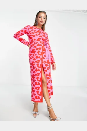 Never Fully Dressed Leopard knitted wrap midi dress in pink and red