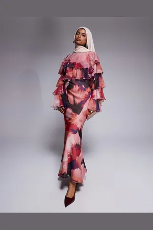 ASOS Tiered ruffle overlay bias maxi dress in abstract print
