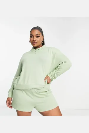 ASOS ASOS DESIGN Curve lounge super soft collared long sleeve top & short set in sage