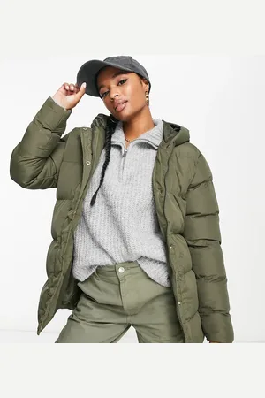 Threadbare Petite Hayley mid length puffer jacket in khaki