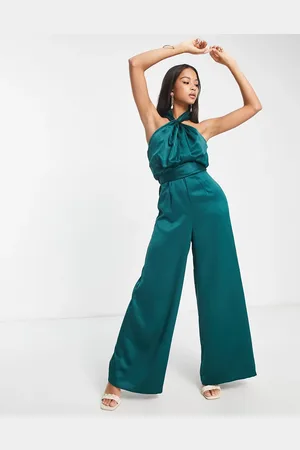 Style Cheat Tie waist satin jumpsuit in emerald