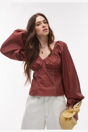 Topshop Ruched neck balloon sleeve blouse with top stitching in chocolate