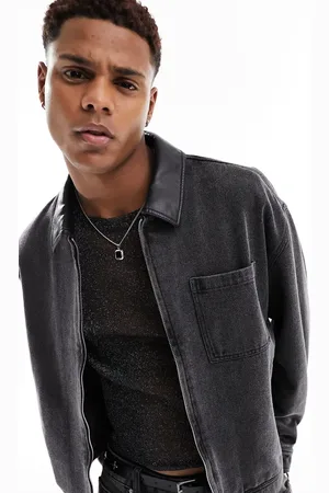 ASOS Oversized denim harrington jacket with PU collar in washed