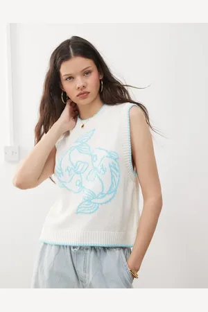 Reclaimed Knitted tank with fish print in and aqua blue