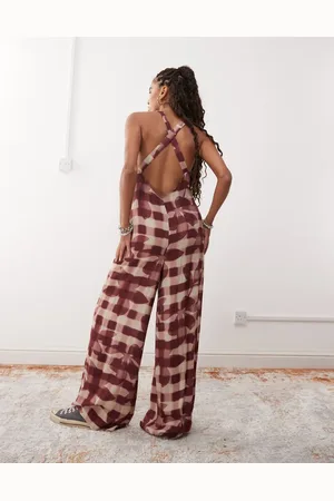 Reclaimed Cami jumpsuit with open back in red check floral print