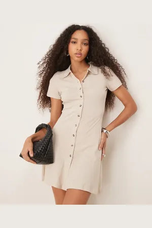 ASOS Collared mini column tea dress with button front and cap sleeve in stone