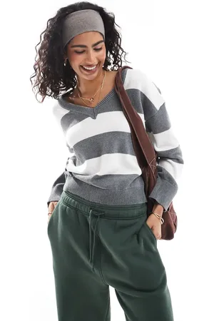 Cotton On Cotton On v neck preppy jumper in grey and white stripe