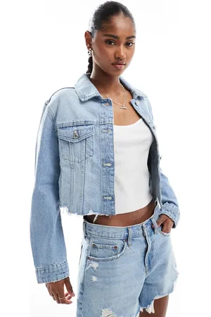 Stradivarius Cropped raw hem denim jacket in washed