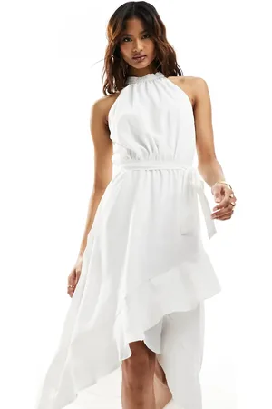 Ax Paris Halterneck ruffle hem tie waist midi dress in