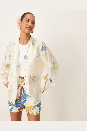 Never Fully Dressed Palm print relaxed shirt co-ord in cream