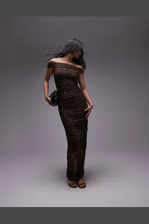 Never Fully Dressed Off shoulder ruched mesh midaxi dress in leopard print