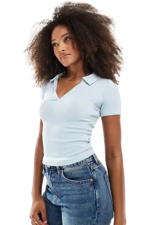 Miss Selfridge Rib polo top in dusty blue