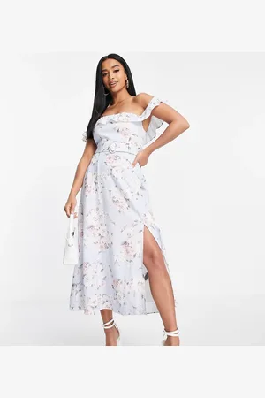 Forever New Bardot belted midi dress in light blue floral