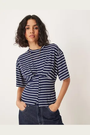 ASOS Corset waist hook and eye t-shirt in navy stripe