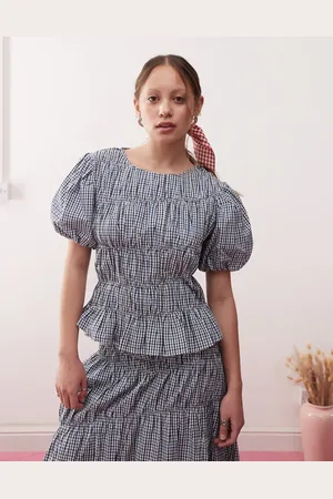 Reclaimed Short sleeve western top with puff sleeve and shirred detail in blue check