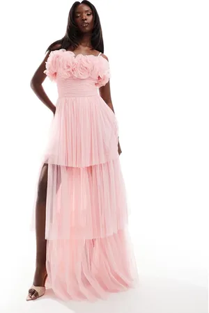 Lace & Beads Corsage tulle maxi dress in powder