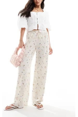 ASOS Linen blend pull on wide leg trouser in ditsy print