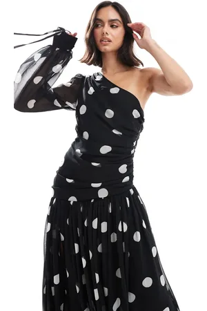 ASOS One shoulder long balloon sleeve maxi dress in spot