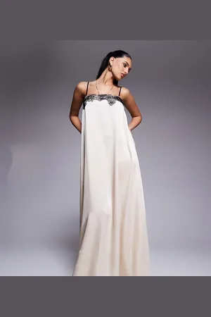 Kaiia Exclusive square neck contrast lace detail cami trapeze satin maxi dress in cream