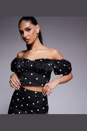 Kaiia Exclusive bardot puff sleeve satin crop top co-ord in black polka dot