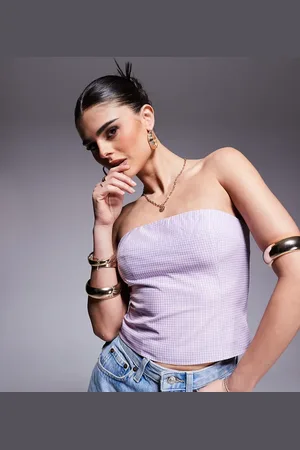 Kaiia Exclusive bandeau crop top in lilac and pink gingham