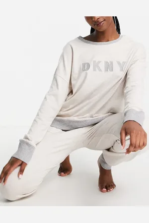 DKNY Logo super soft knitted long sleeve top and jogger set in cream
