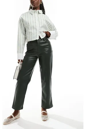 ASOS Faux leather straight leg trousers in dark khaki