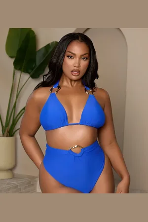 Moda Minx Curve X Bernadette Afia triangle bikini top with gold hardware detail in cobalt