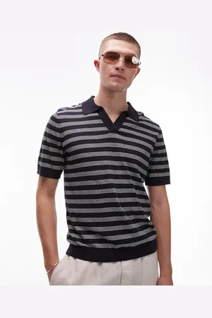 ARKET Cotton linen knitted shirt sleeve polo shirt in stripes