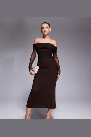 Forever New Bardot sheer sleeve mesh maxi dress in chocolate