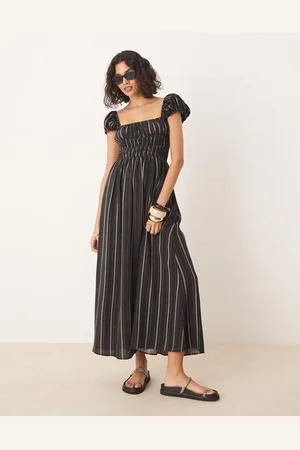 ASOS Square neck midi dress with cinched channel waist in stripe