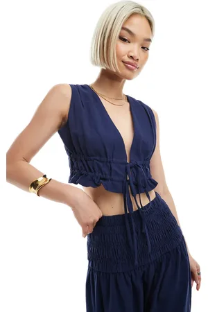 4th & Reckless Linen look cropped tie front waistcoat co-ord in