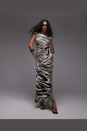 MANGO Slash neck mixed zebra print midi dress in