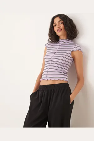 ASOS Cap sleeve baby tee with high neck and seam details in stripe