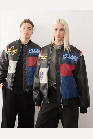 COLLUSION Unisex leather look patch work bomber in
