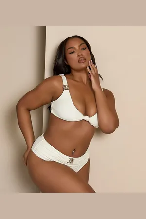Moda Minx Curve X Bernadette Afia ruched bikini bottom with gem detail in cream