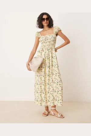 ASOS Square neck midi dress with cinched channel waist in floral print