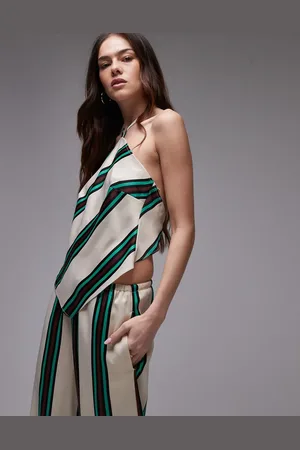 Topshop Co-ord satin scarf top in beige with burgundy and teal stripe