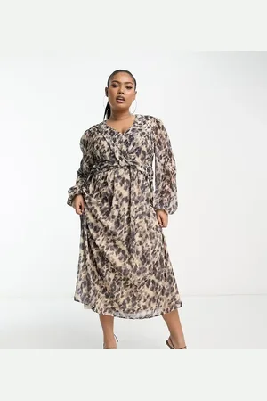In The Style Chiffon twist detail midi dress with volume sleeves in leopard print