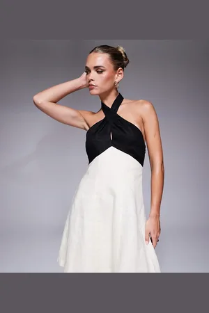 Forever New Contrast halter neck mini dress in monochrome