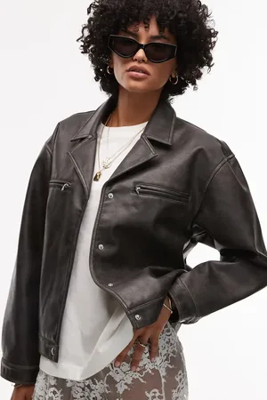 Topshop Faux leather cropped button down jacket in washed
