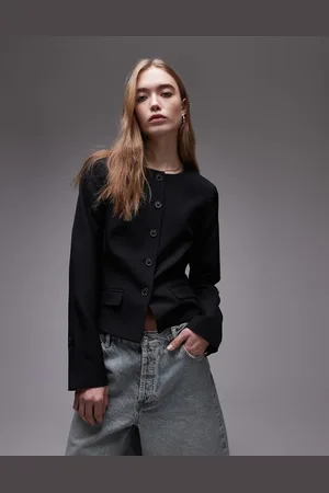 Topshop Round neck collarless blazer in black