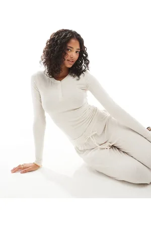 Cotton On Cotton On sleep recovery henley long sleeve top in cream marle co-ord