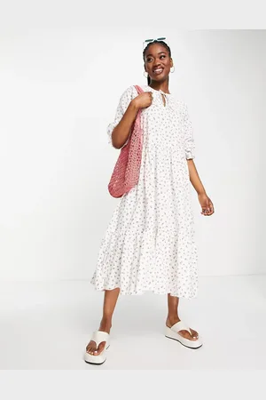 New Look Seersucker oversized collar smock midi dress in