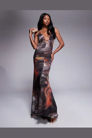 ASOS Mesh plunge neckline double strap maxi dress with sash in swirl print