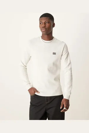 Calvin Klein Woven label waffle long sleeve top in off white