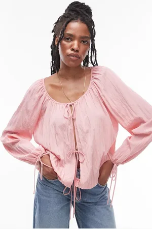 Topshop Ruched neck tie front top in pink