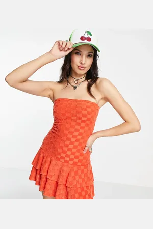 COLLUSION Checker towelling rara mini dress in red