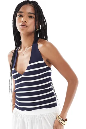 Pimkie Fine knit v neck halterneck top in navy & white stripe